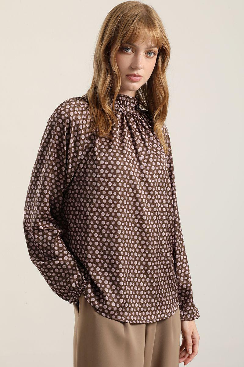Blusa Satinada Estampado Puntos, Café Liola-2