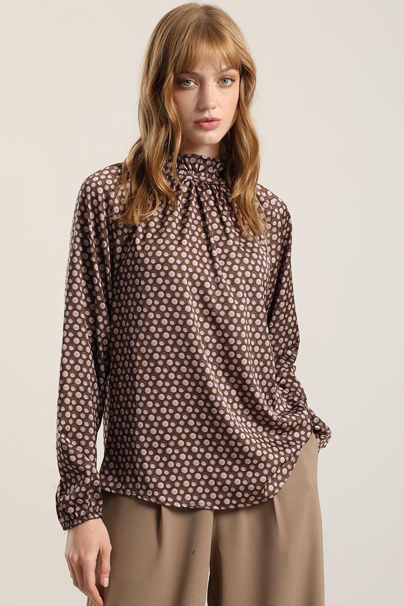 Blusa Satinada Estampado Puntos, Café Liola-4