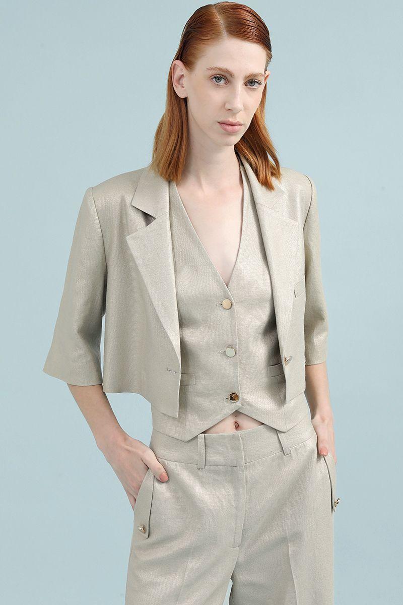 Chaqueta Cropped Con Lino Folia, Beige Liola-0