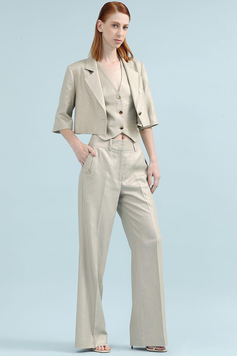 Chaqueta Cropped Con Lino Folia, Beige Liola-1