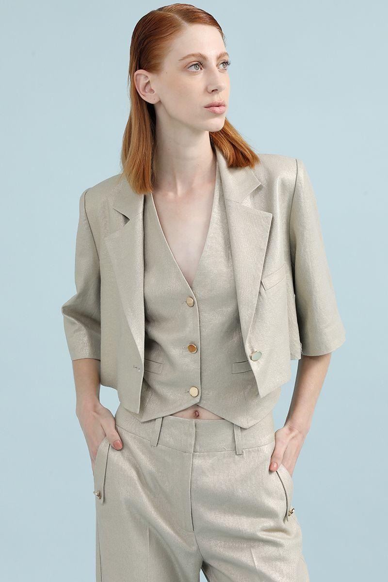 Chaqueta Cropped Con Lino Folia, Beige Liola-2