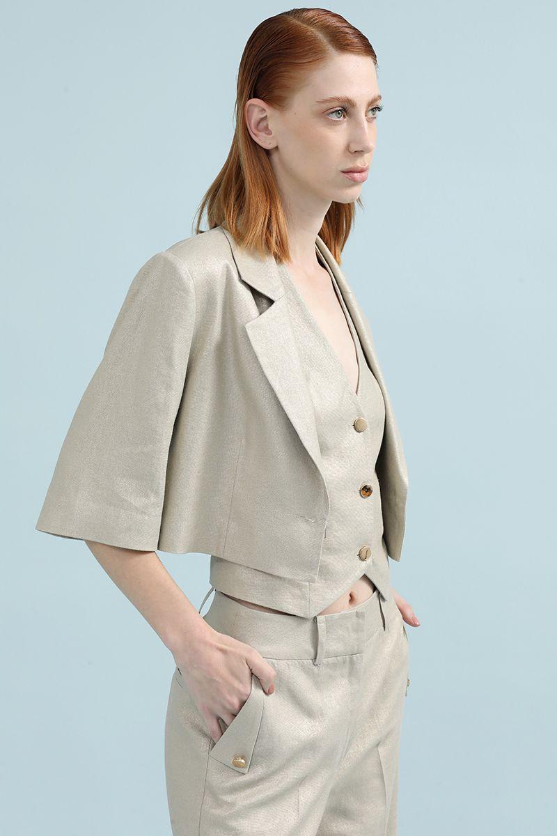 Chaqueta Cropped Con Lino Folia, Beige Liola-3