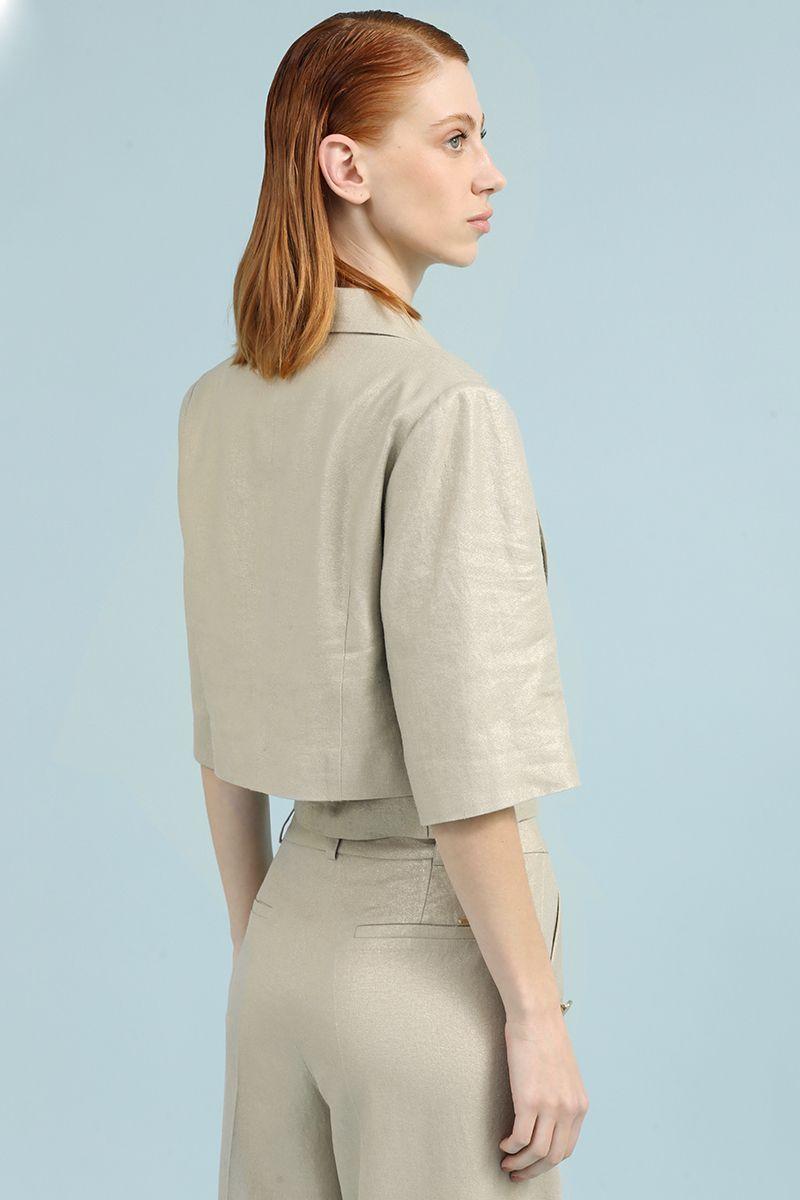 Chaqueta Cropped Con Lino Folia, Beige Liola-4