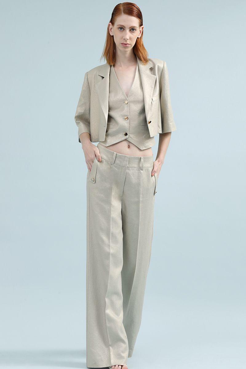 Chaqueta Cropped Con Lino Folia, Beige Liola-5
