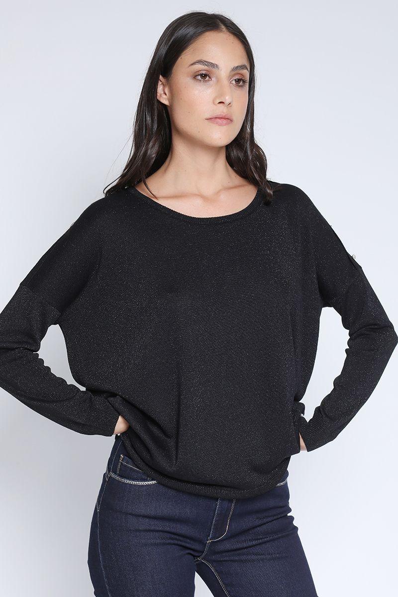 Sweater Tejido Lurex Boton Strass, Negro Liola-0