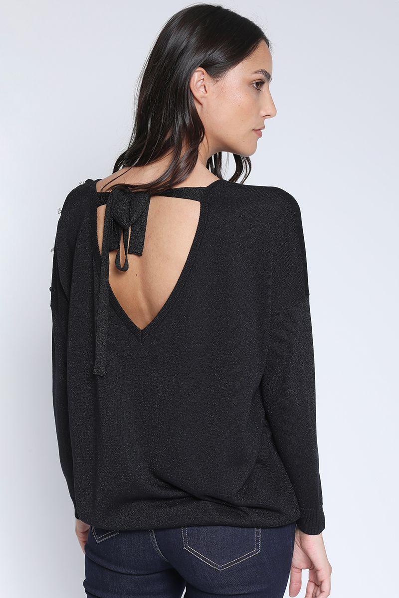 Sweater Tejido Lurex Boton Strass, Negro Liola-1