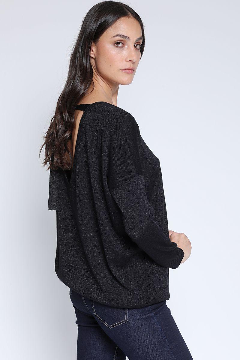 Sweater Tejido Lurex Boton Strass, Negro Liola-2