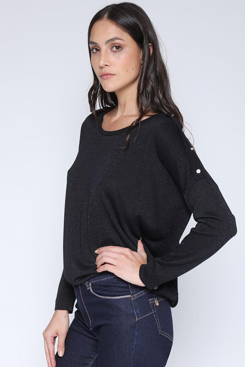 Sweater Tejido Lurex Boton Strass, Negro Liola-3