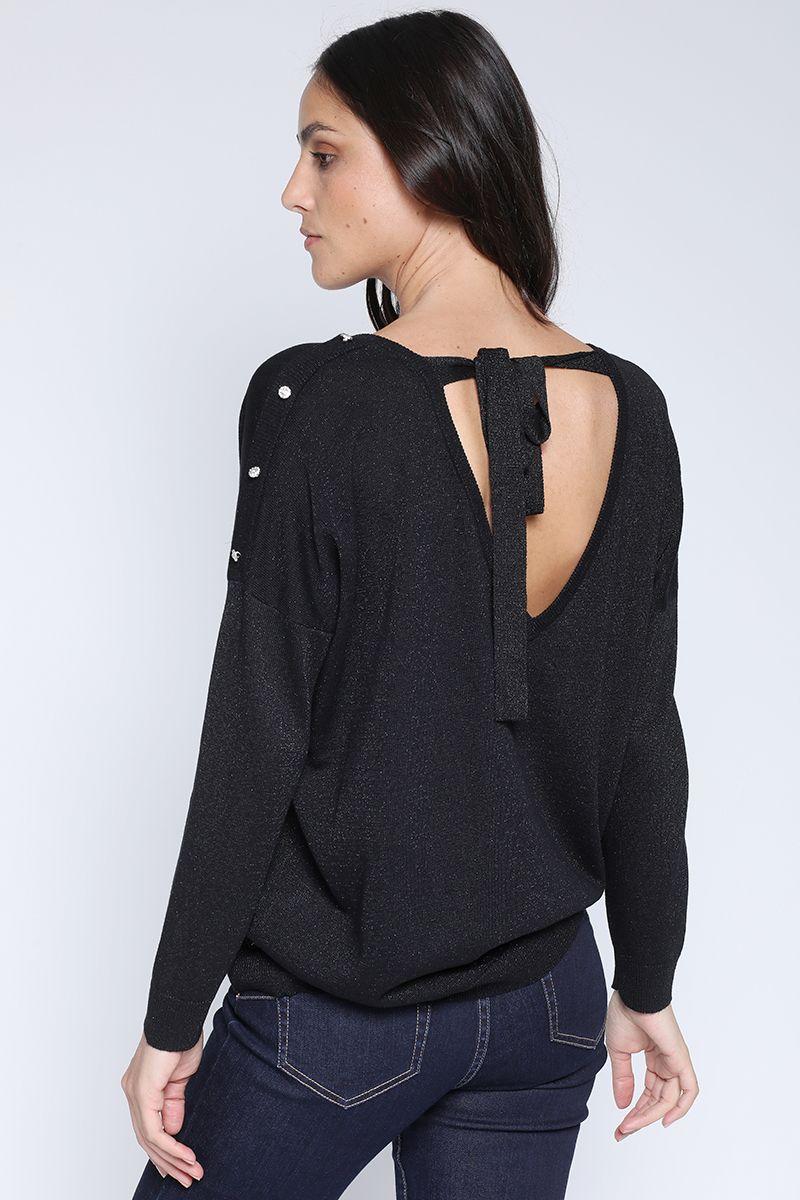 Sweater Tejido Lurex Boton Strass, Negro Liola-5