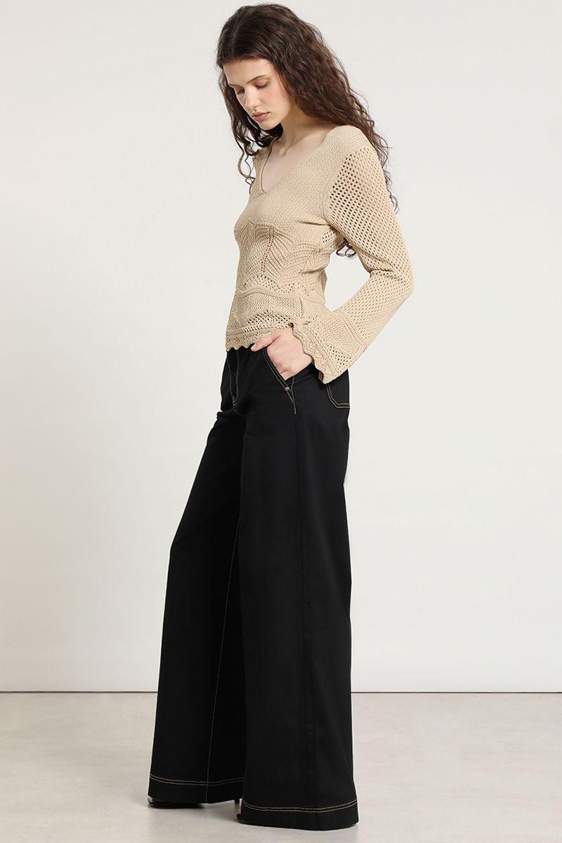 Pantalon palazzo, tiro medio, negro Liola-2
