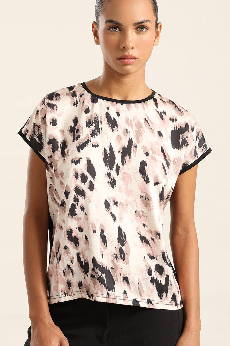 Polera Satin Mix Estampado, Negro Liola-5