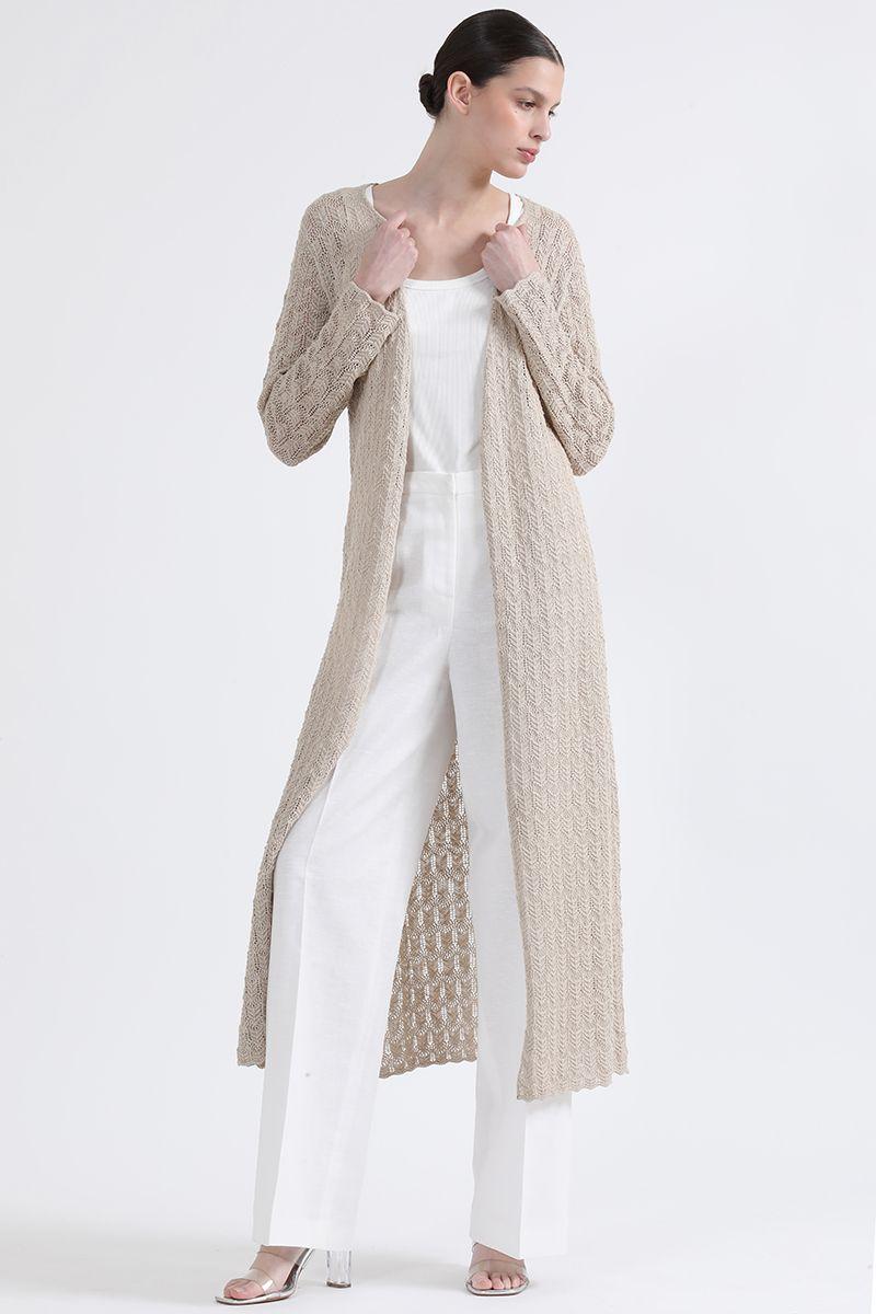 Cardigan Largo Tejido Punto Fantasia, Beige Liola-0
