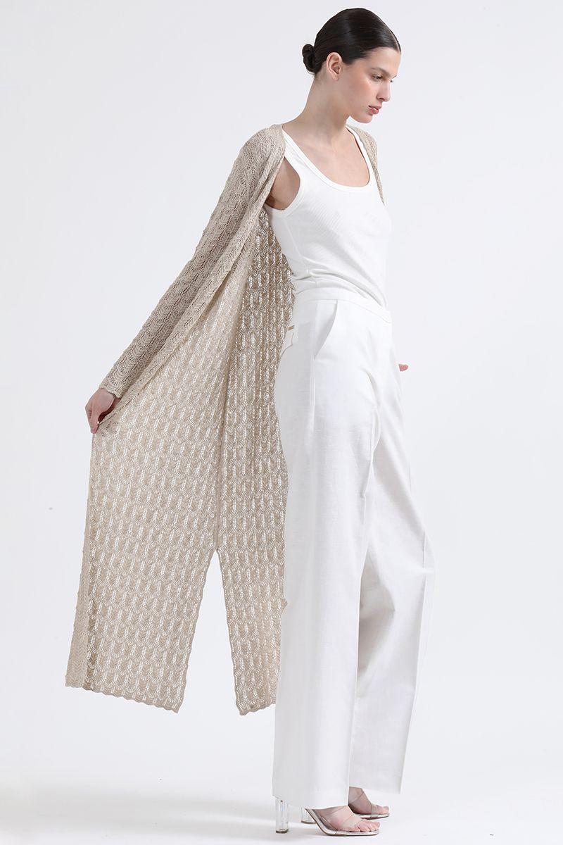 Cardigan Largo Tejido Punto Fantasia, Beige Liola-1