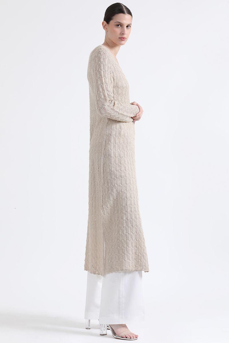 Cardigan Largo Tejido Punto Fantasia, Beige Liola-2