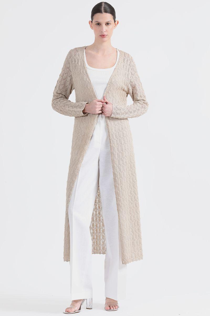 Cardigan Largo Tejido Punto Fantasia, Beige Liola-4