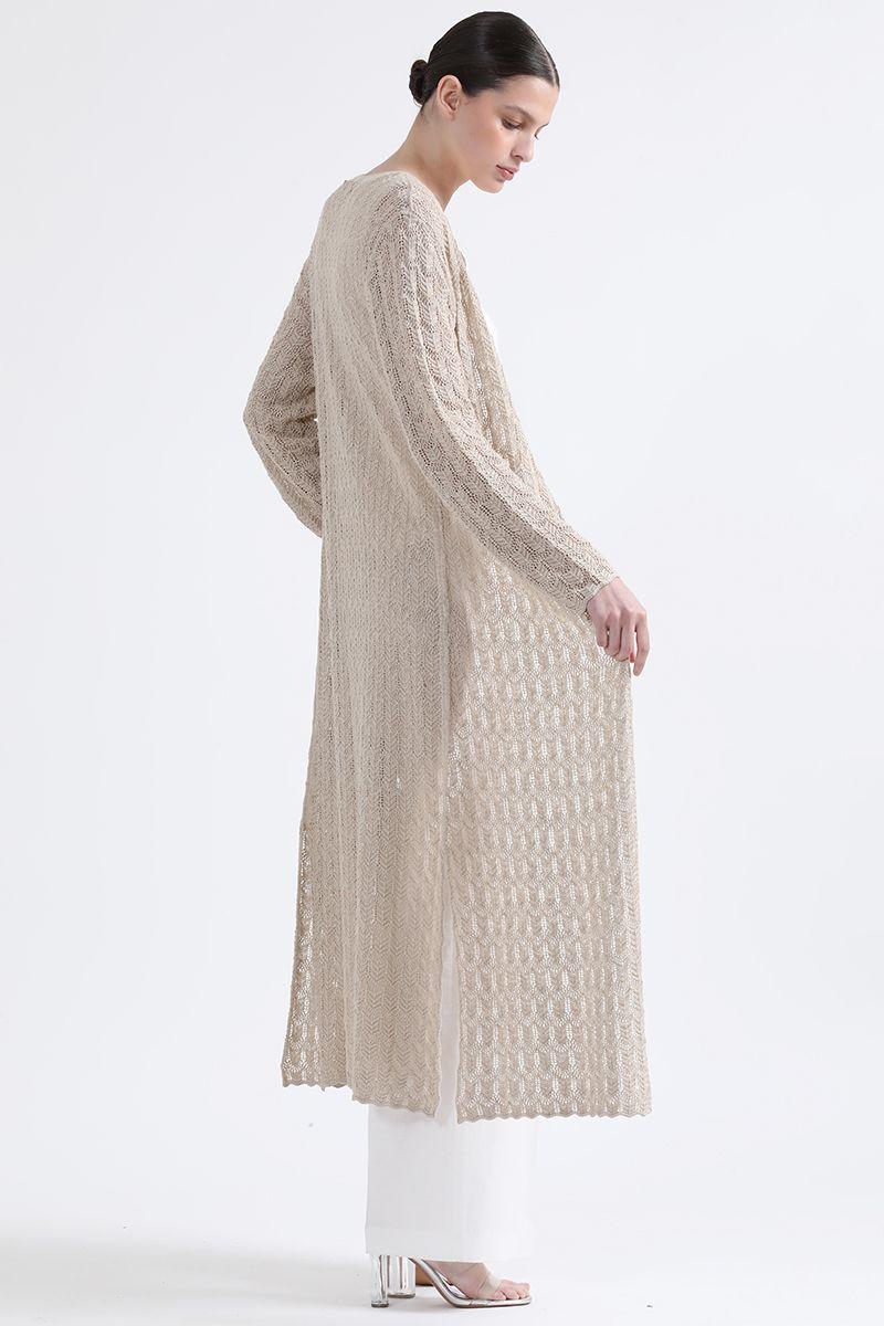 Cardigan Largo Tejido Punto Fantasia, Beige Liola-5
