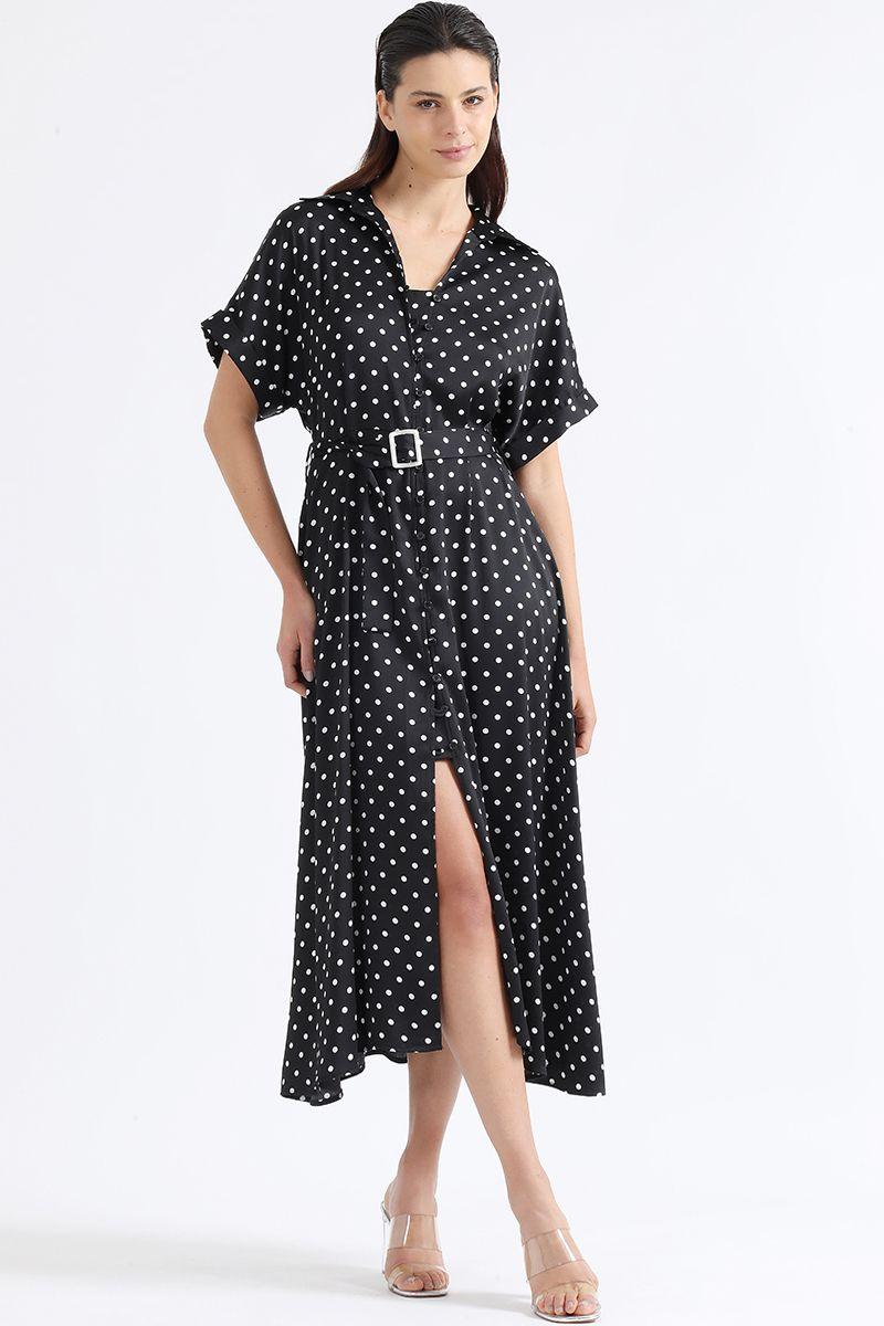 Vestido Maxi Camisero, Estampado Lunares, Negro Liola-0