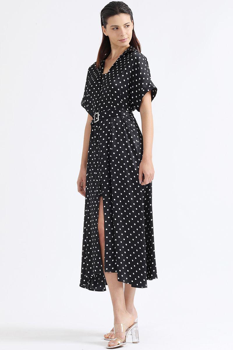Vestido Maxi Camisero, Estampado Lunares, Negro Liola-1