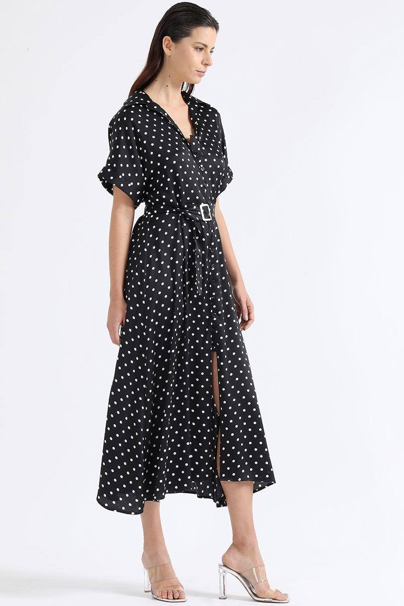 Vestido Maxi Camisero, Estampado Lunares, Negro Liola-2