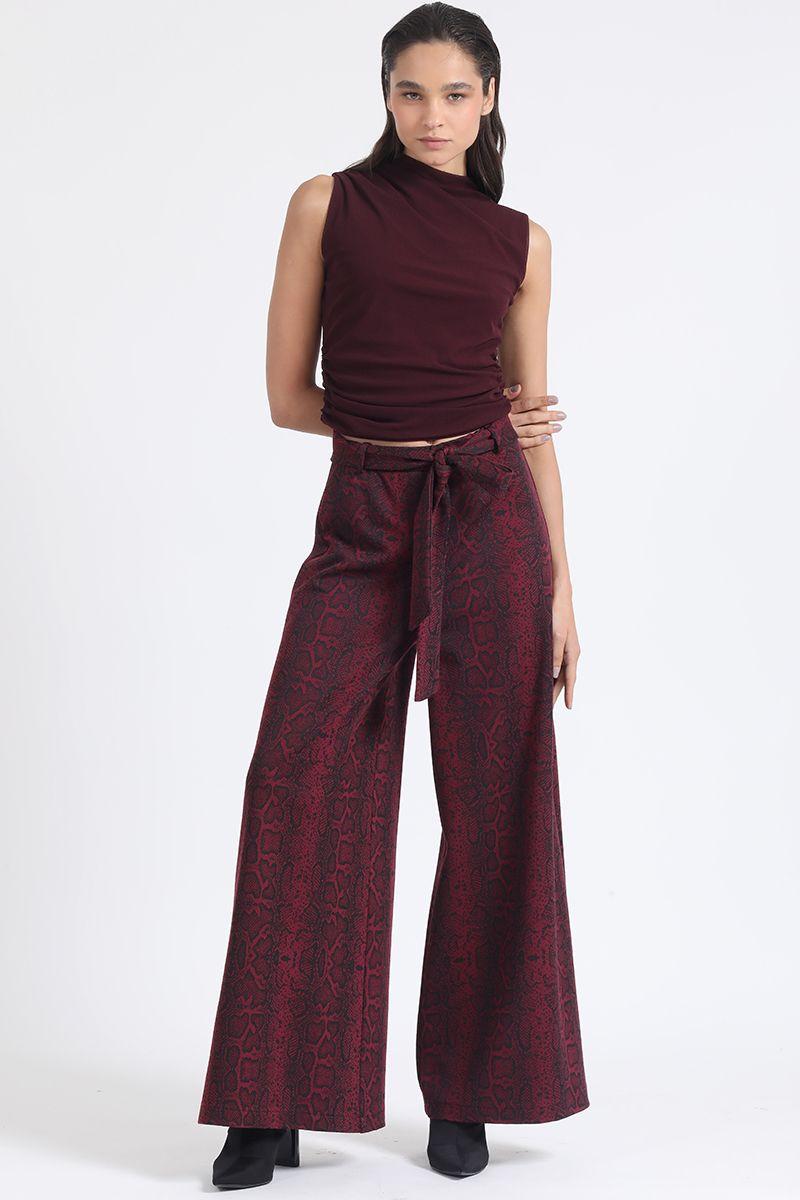 Pantalon Palazzo, Tiro Alto, Estampado Piton, Burdeo Liola-1