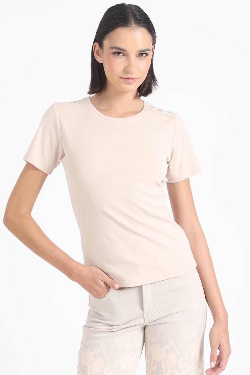 Polera Algodón Spandex Aplicación Strass, Beige Liola-0