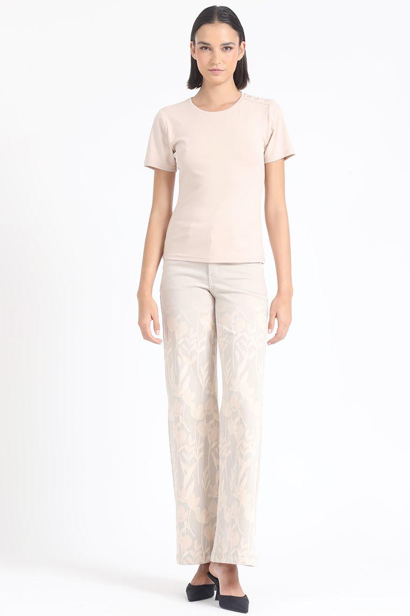 Polera Algodón Spandex Aplicación Strass, Beige Liola-1