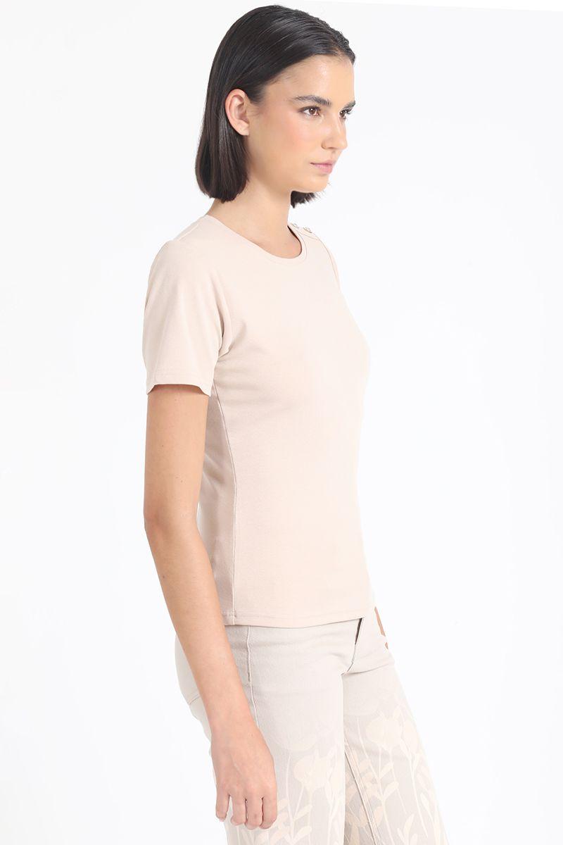 Polera Algodón Spandex Aplicación Strass, Beige Liola-2