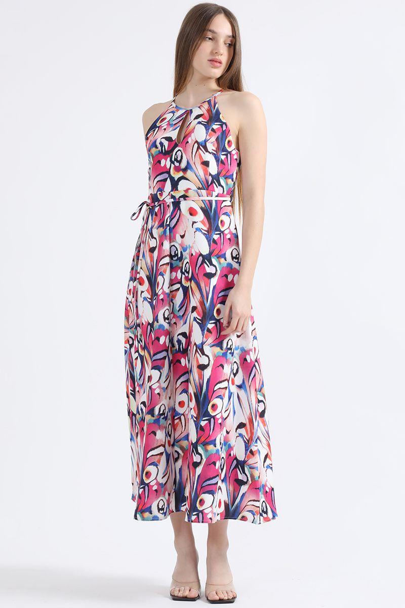 Vestido Maxi Estampado, Halter, Rosa Liola-1