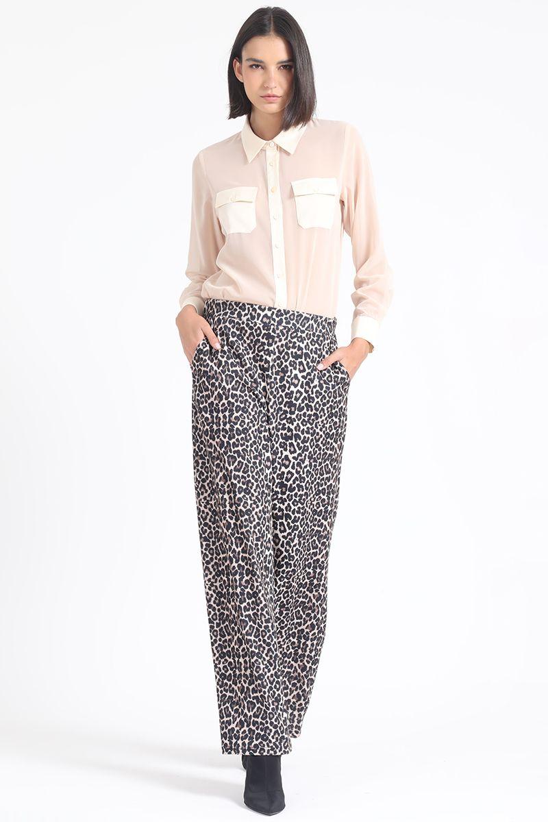 Pantalon Ancho, Tiro Alto, Estampado Leopardo, Cafe Liola-1
