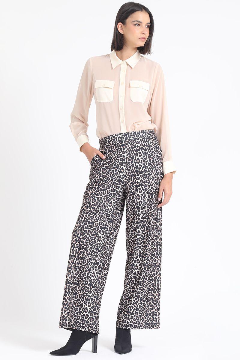 Pantalon Ancho, Tiro Alto, Estampado Leopardo, Cafe Liola-2