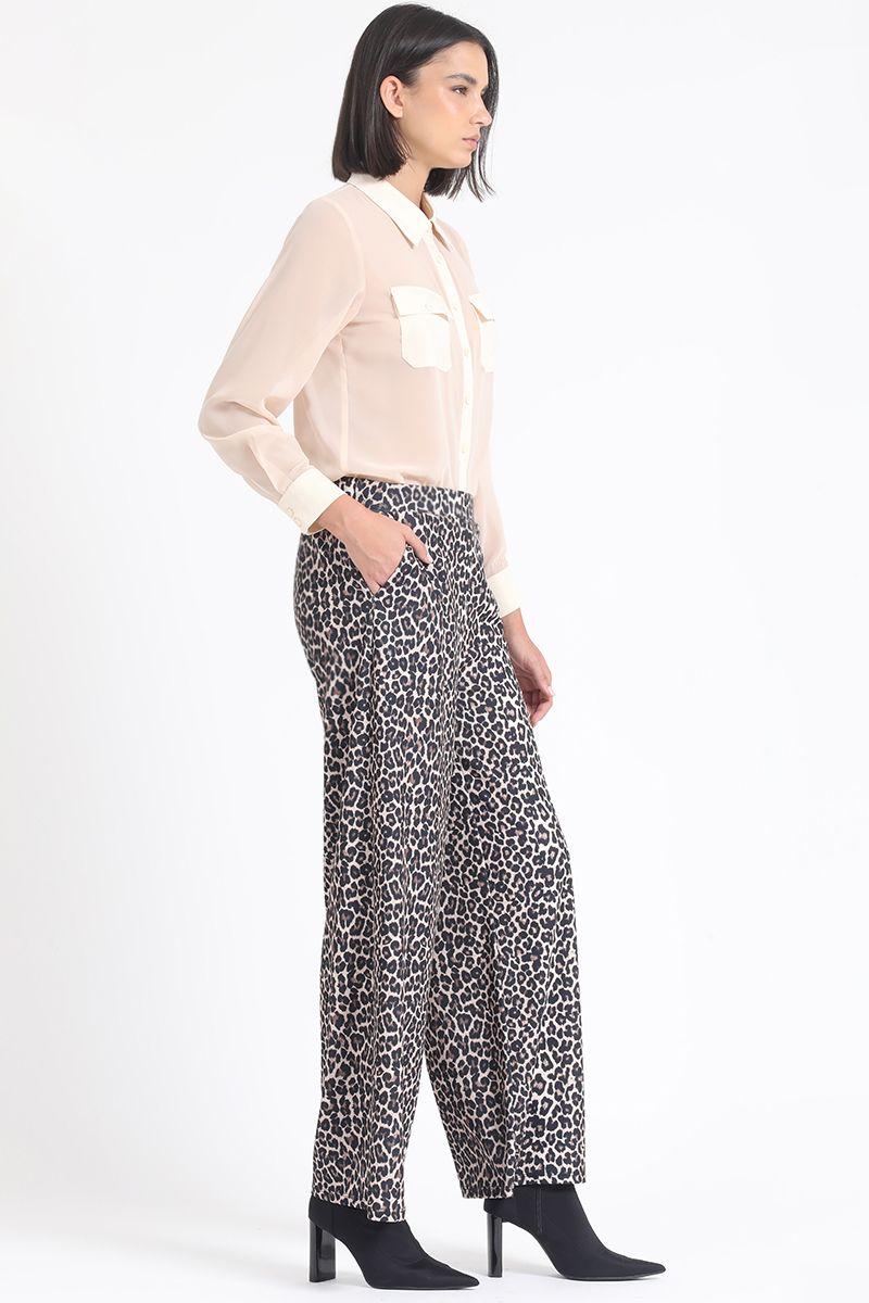 Pantalon Ancho, Tiro Alto, Estampado Leopardo, Cafe Liola-4