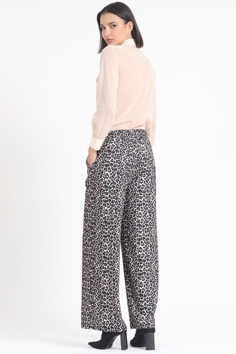Pantalon Ancho, Tiro Alto, Estampado Leopardo, Cafe Liola-5