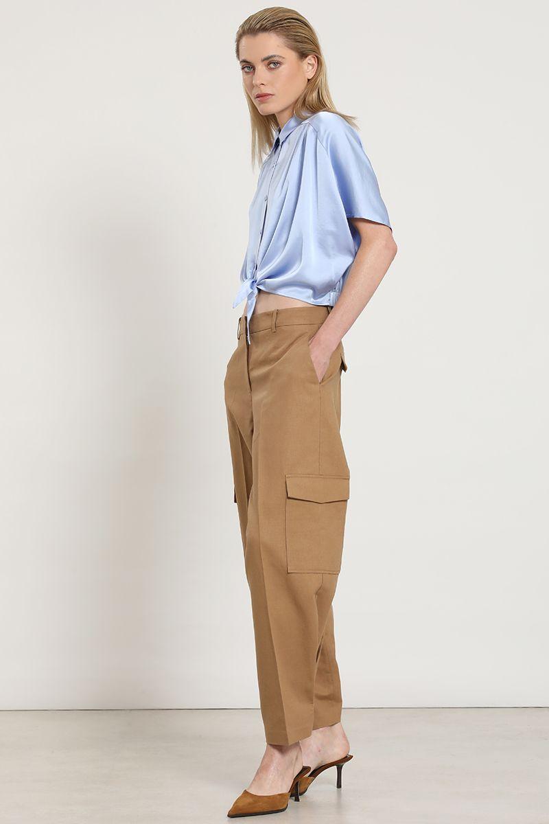 Pantalon cargo, lino algodon, camel Liola-1