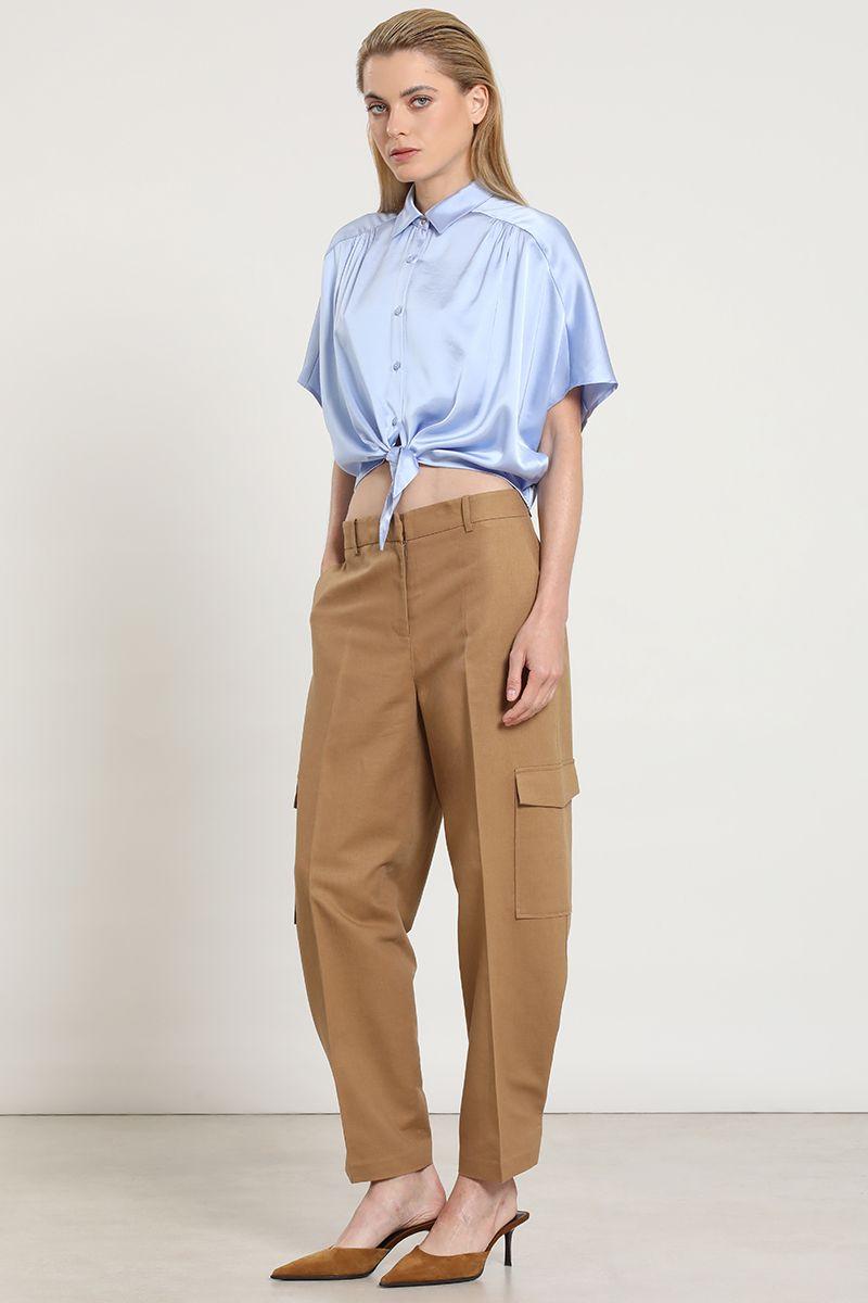 Pantalon cargo, lino algodon, camel Liola-2