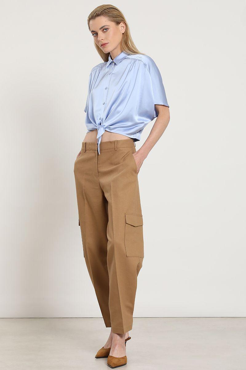 Pantalon cargo, lino algodon, camel Liola-3
