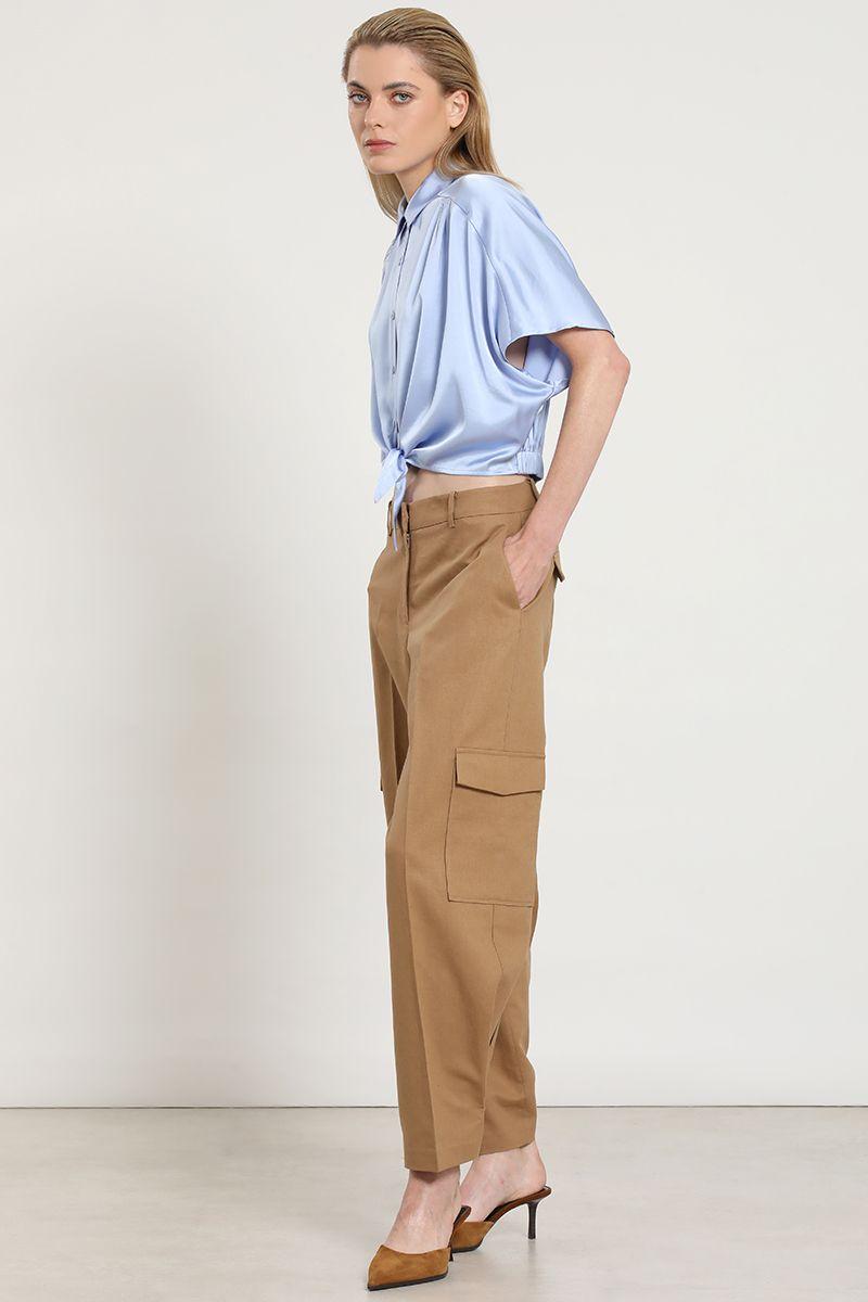 Pantalon cargo, lino algodon, camel Liola-4