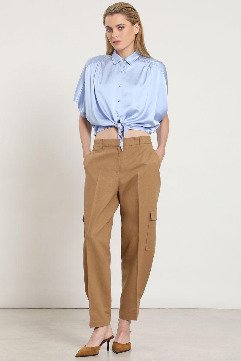 Pantalon cargo, lino algodon, camel Liola-5