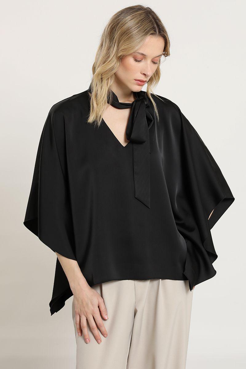 Blusa tunica, satin lazada, negro Liola-3