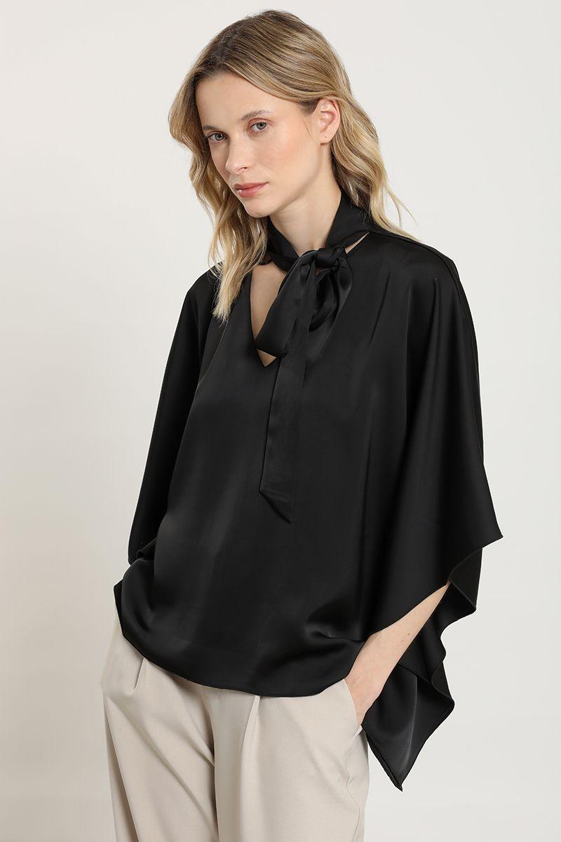 Blusa tunica, satin lazada, negro Liola-4