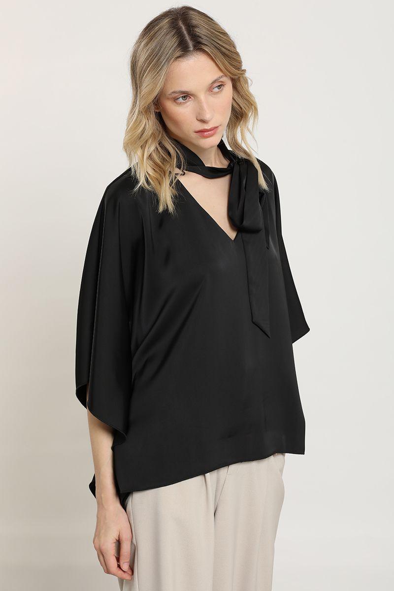 Blusa tunica, satin lazada, negro Liola-5