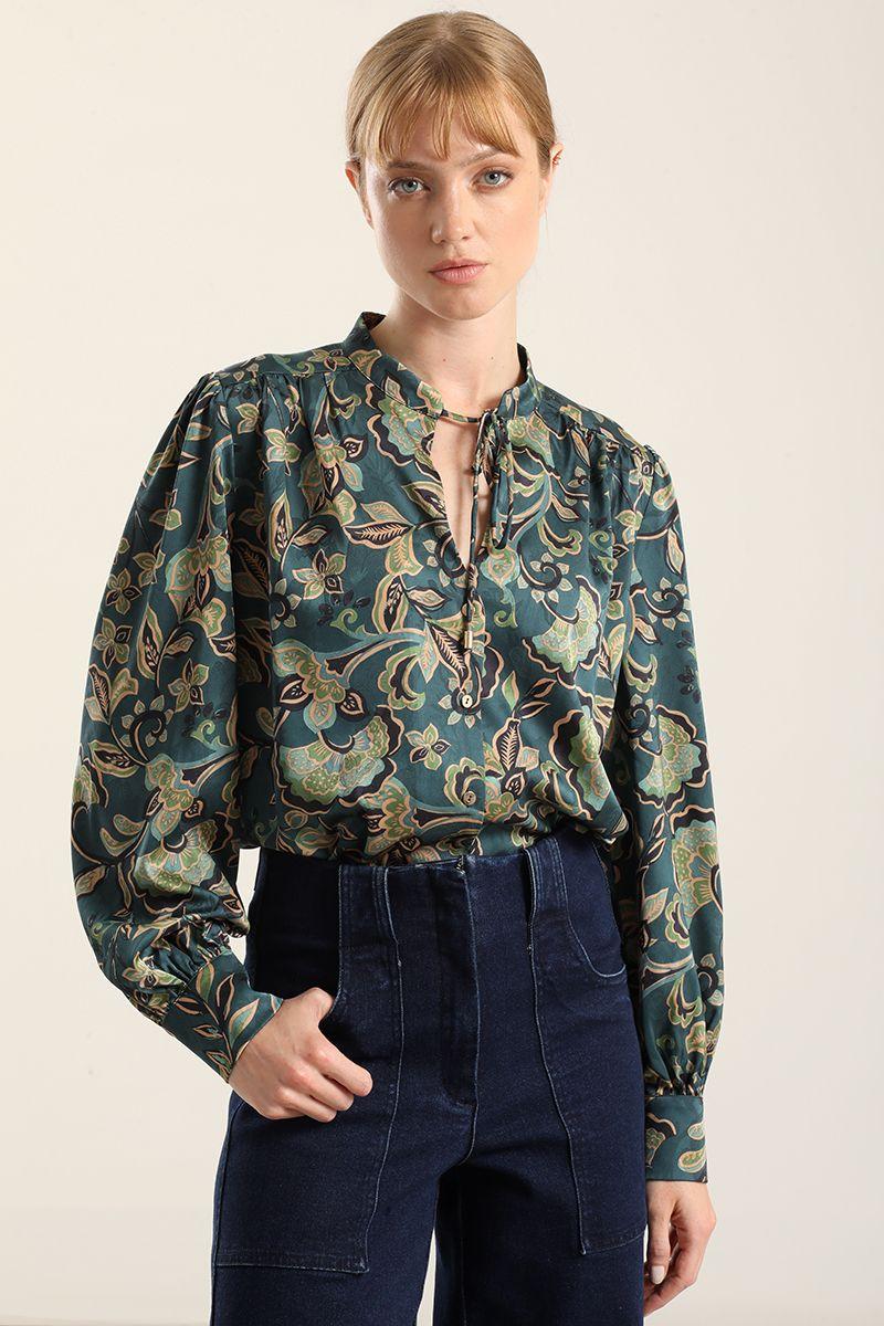 Blusa Satin Estampado, Lazada, Verde Liola-0