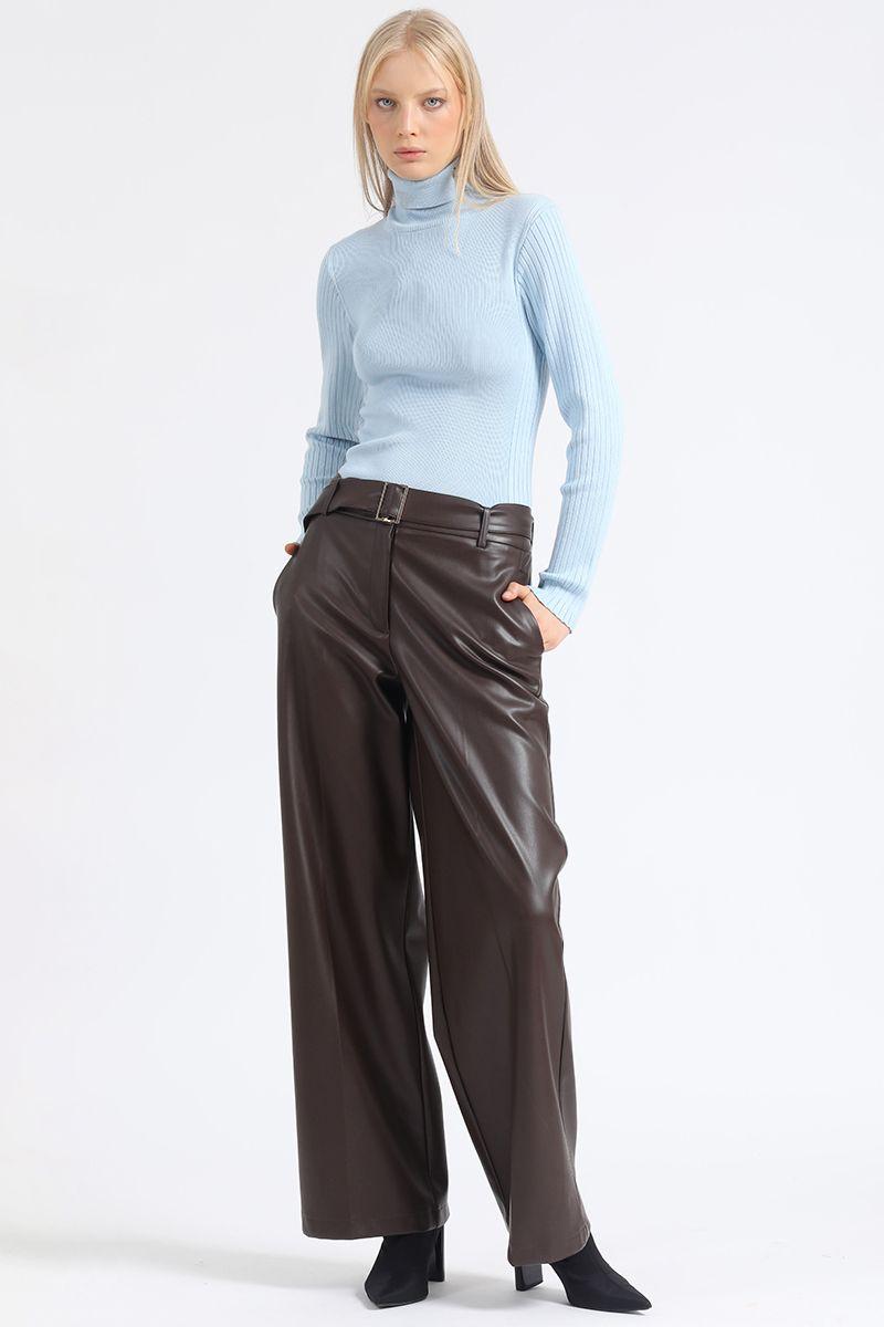Pantalon Ancho, Con Cinturon, Efecto Cuero, Chocolate Liola-3