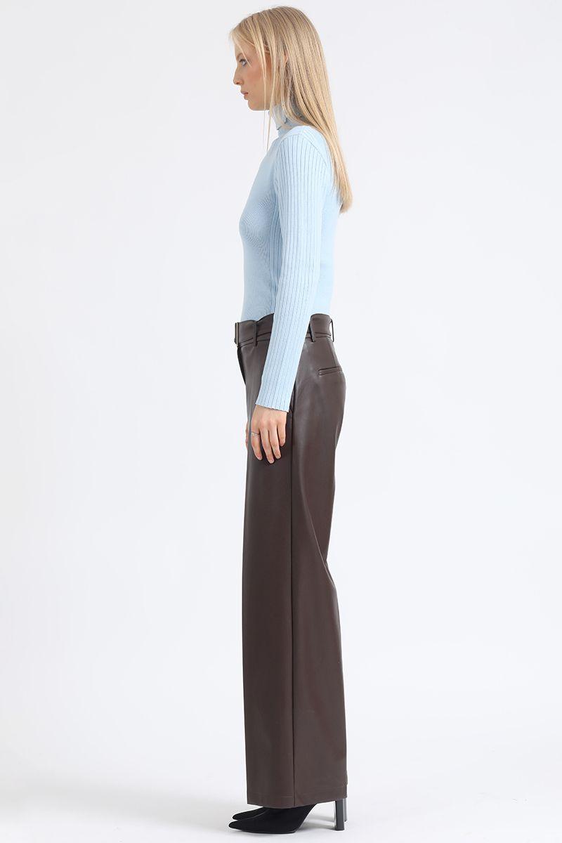 Pantalon Ancho, Con Cinturon, Efecto Cuero, Chocolate Liola-4