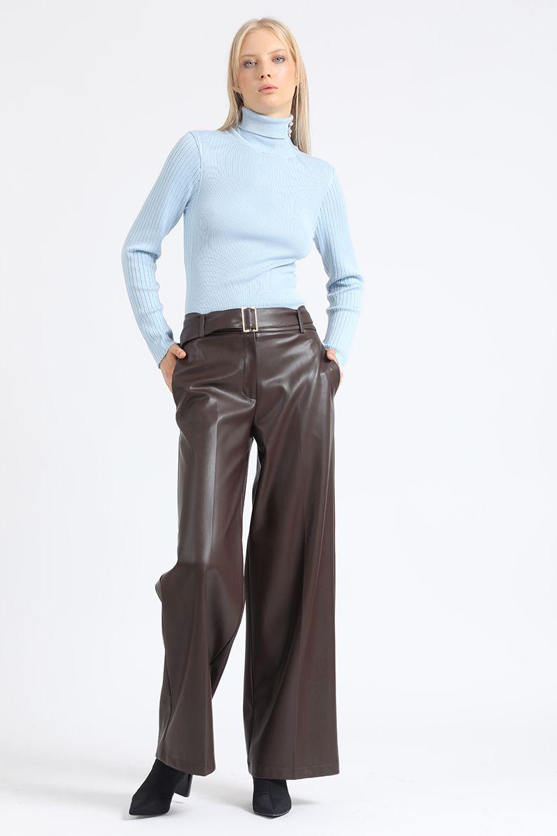 Pantalon Ancho, Con Cinturon, Efecto Cuero, Chocolate Liola-5