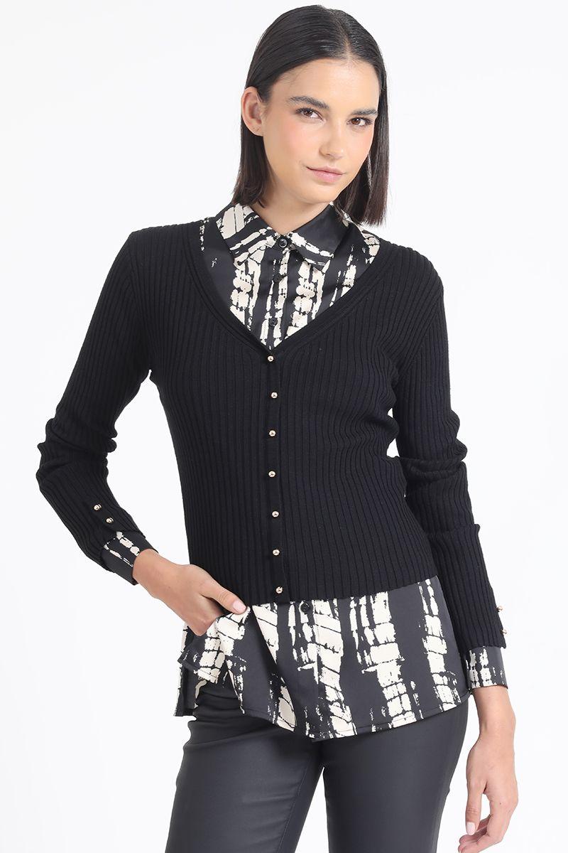 Cardigan Tejido Punto Boton Fantasia, Negro Liola-0