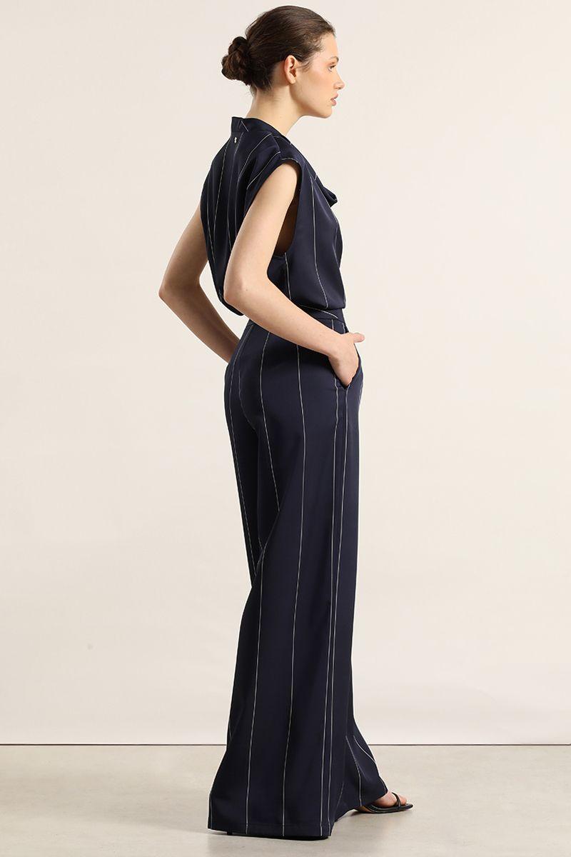 Pantalon ancho, satin, rayas, azul Liola-2