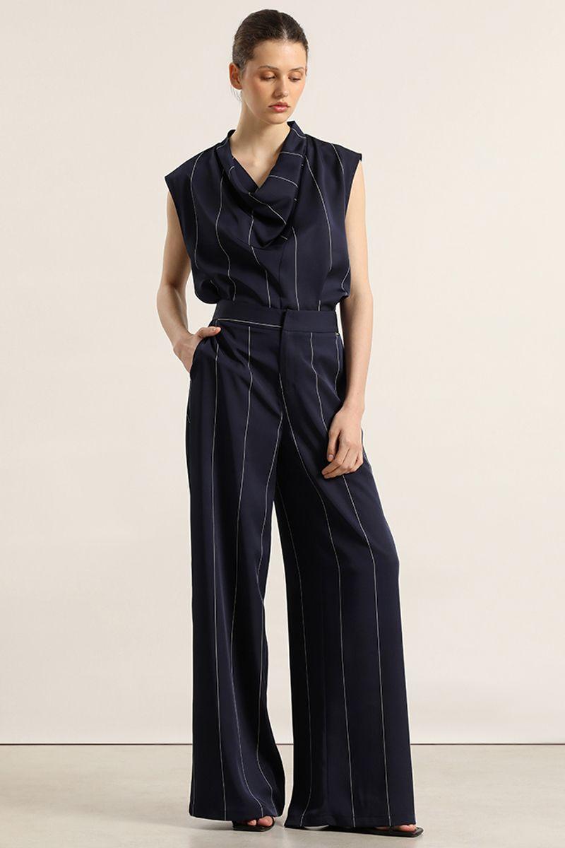 Pantalon ancho, satin, rayas, azul Liola-3