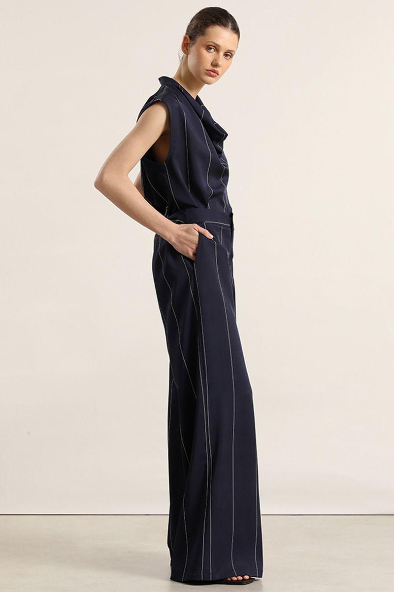 Pantalon ancho, satin, rayas, azul Liola-4