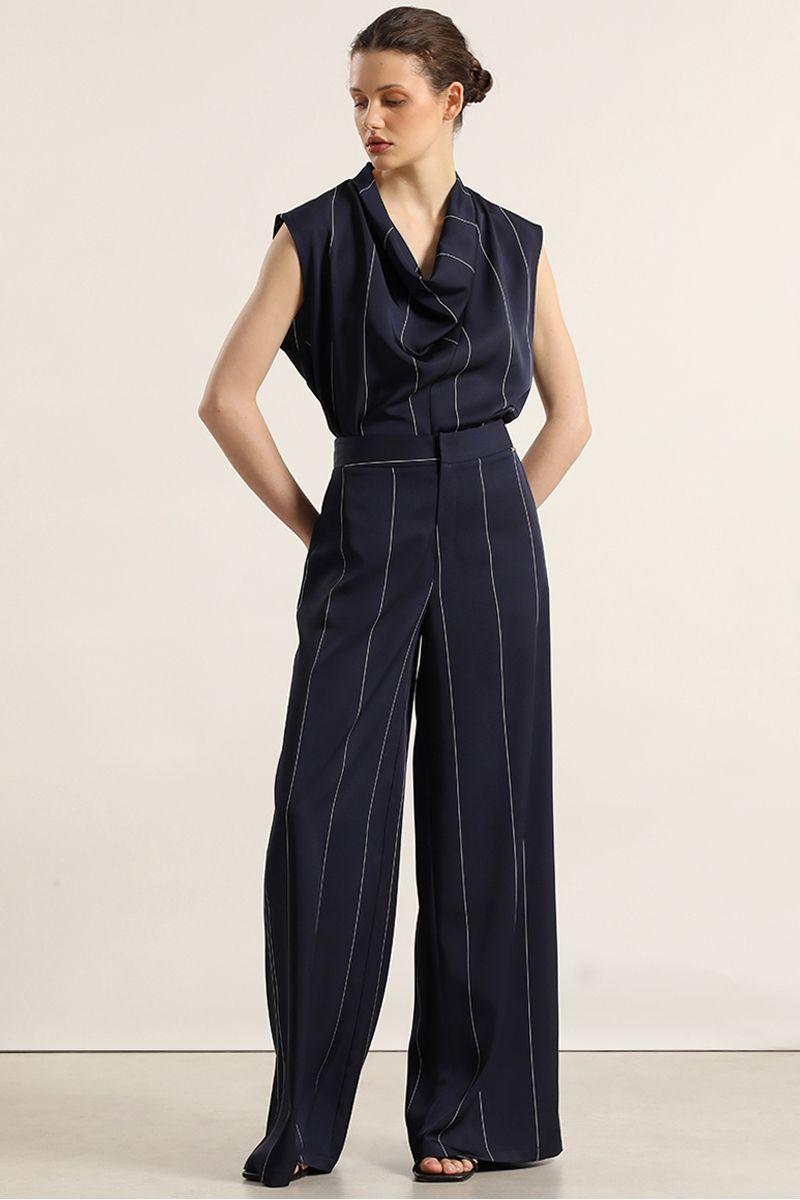 Pantalon ancho, satin, rayas, azul Liola-5