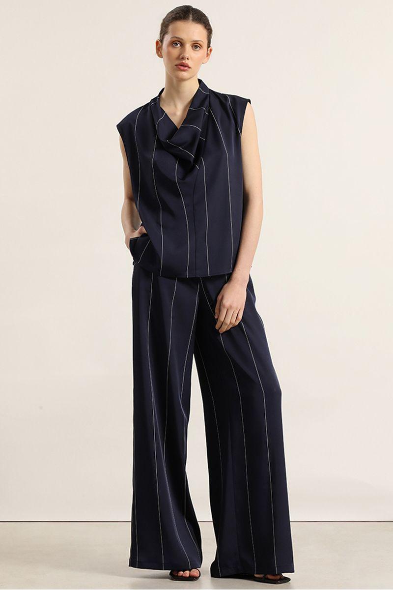 Pantalon ancho, satin, rayas, azul Liola-6